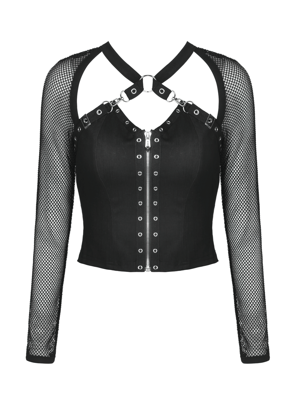 Gothic black zipper mesh top with fishnet sleeves and studded detail, perfect for edgy fashion lovers.