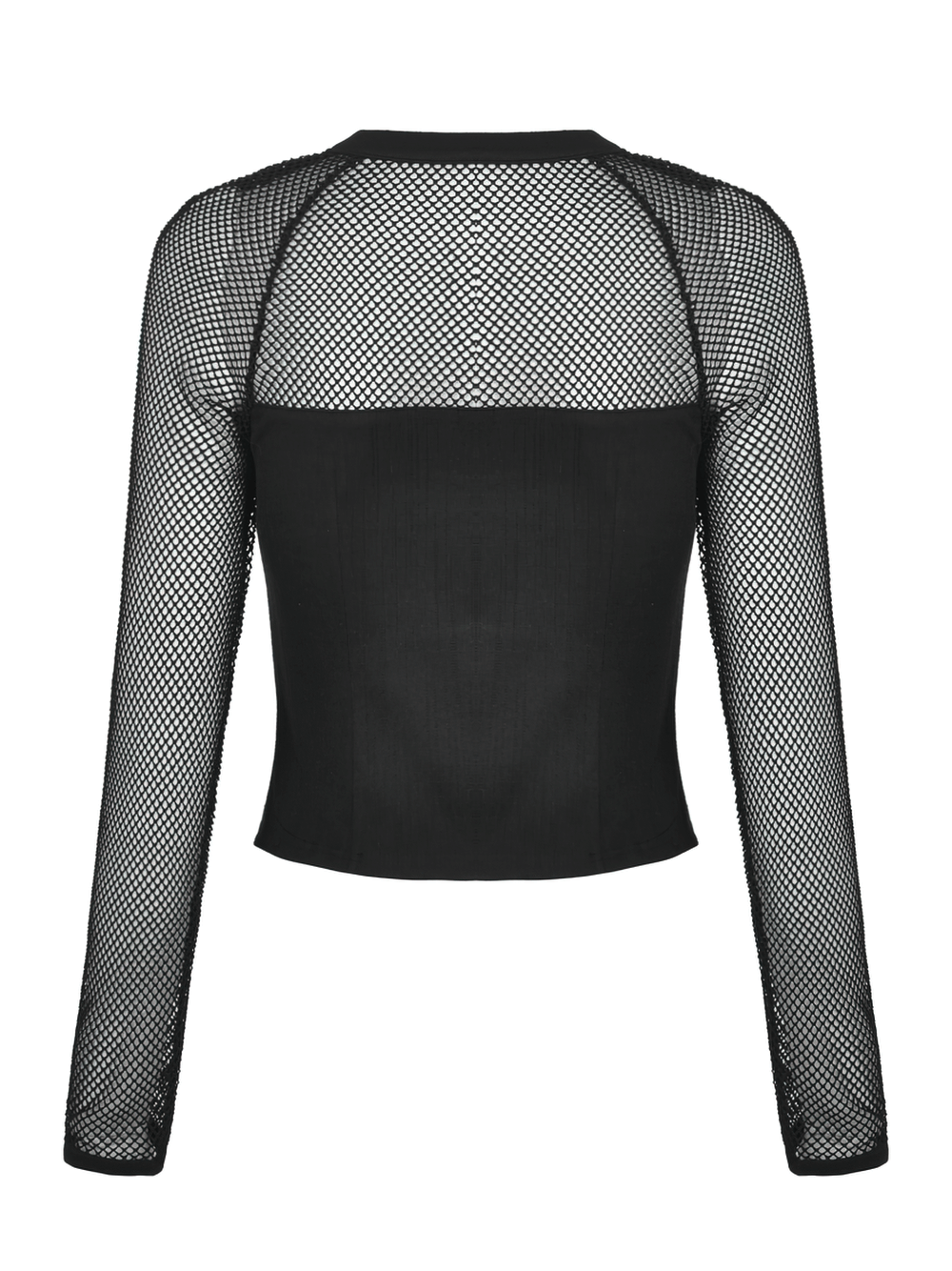 Back view of gothic black mesh top with fishnet sleeves and solid body, showcasing stylish zipper and studded details.