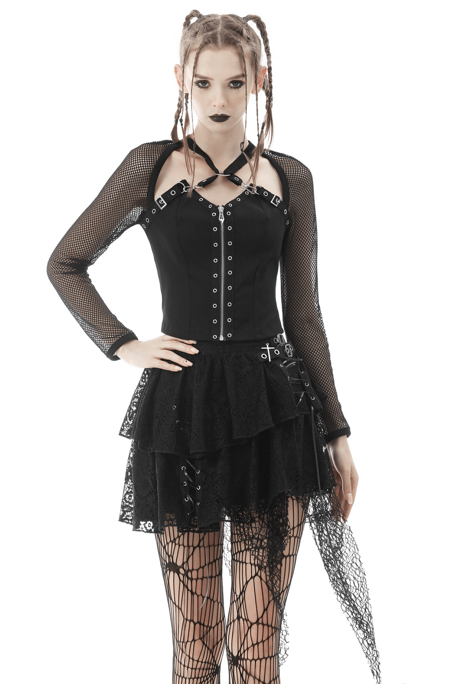 Gothic Black Zipper Mesh Top with Studded Detail
