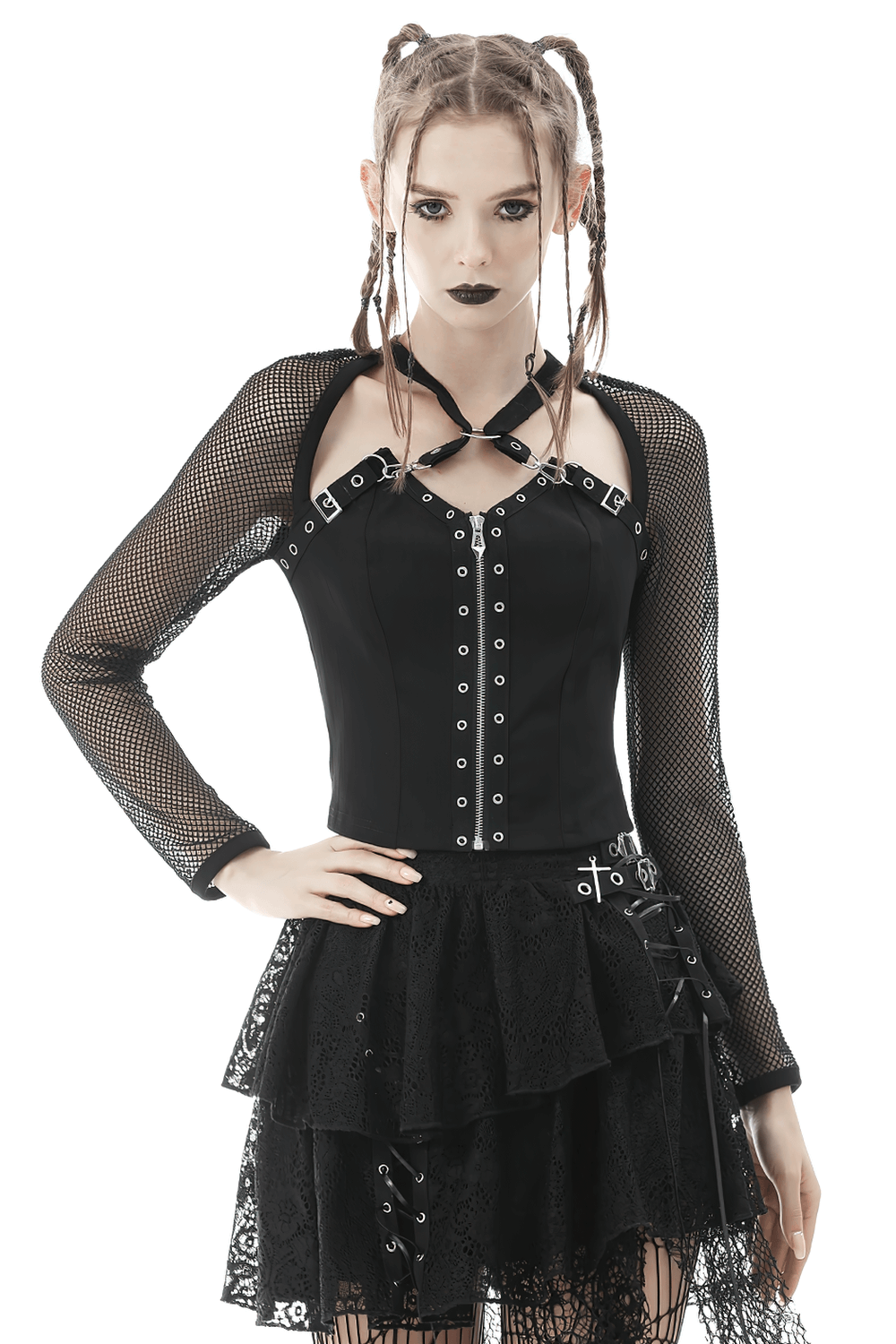 Gothic black zipper mesh top with studded detail, featuring edgy fishnet sleeves and a bold look.