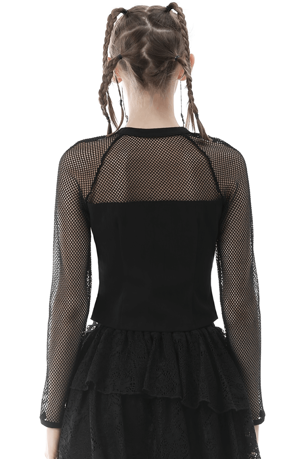 Back view of a gothic black zipper mesh top with fishnet sleeves and studded detail, perfect for edgy fashion.