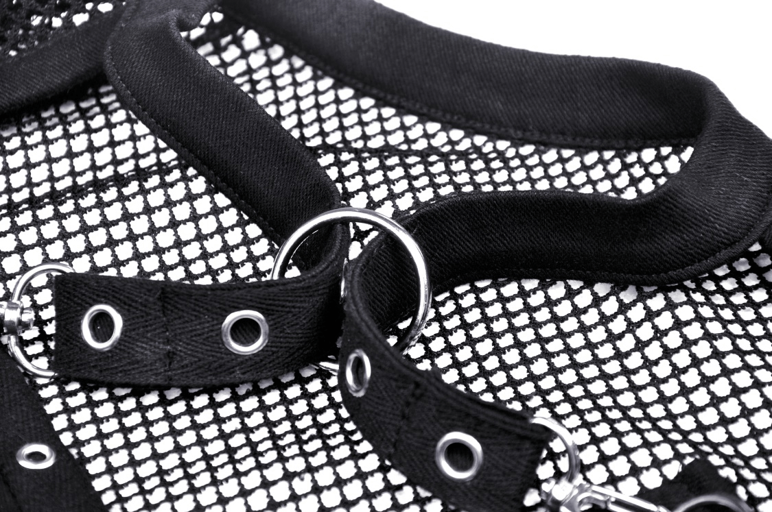 Close-up of gothic black mesh fabric with fishnet design and metal accents, showing studded detail and zipper.