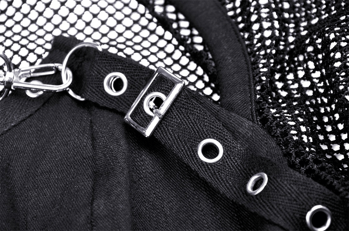 Close-up of gothic black mesh top's zipper and studded detailing, highlighting edgy fishnet sleeves.