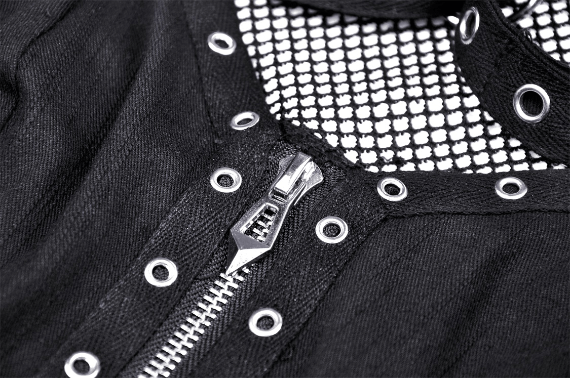 Close-up of gothic black zipper mesh top featuring fishnet sleeves and studded accents for edgy style.