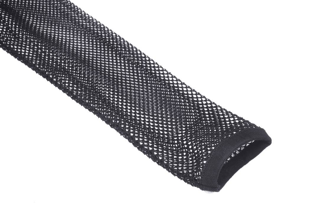 Close-up of black fishnet sleeve showcasing edgy gothic style and mesh texture.