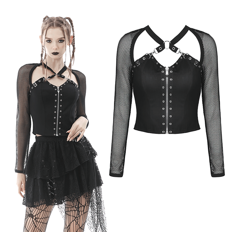 Gothic black zipper mesh top with fishnet sleeves and studded details, perfect for edgy fashion lovers.