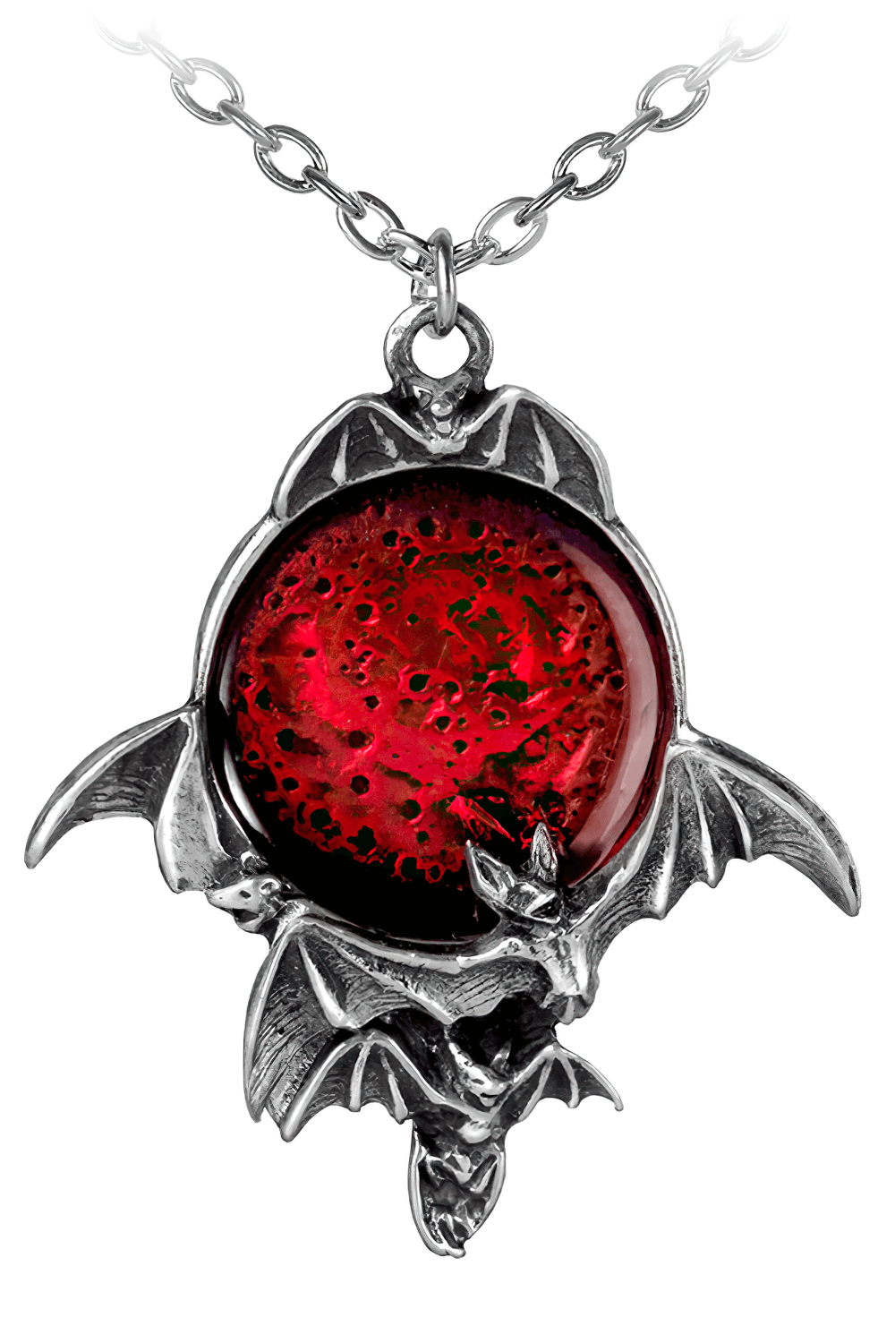 Gothic blood moon pendant with translucent red enamel bats, perfect for a dark elegant statement.