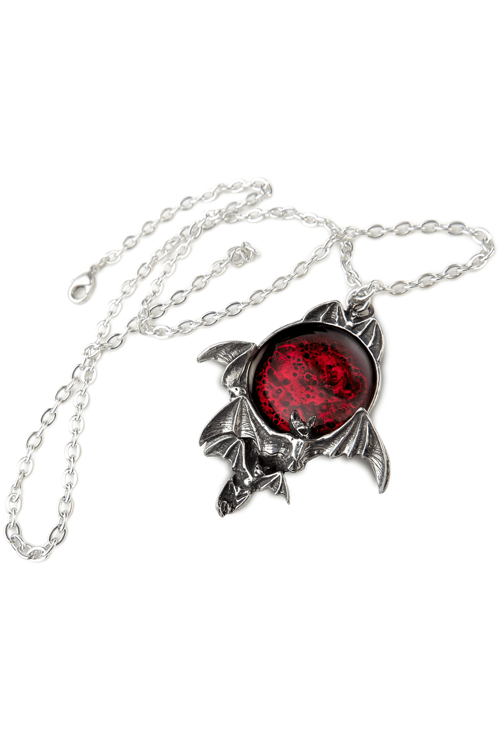 Gothic Blood Moon pendant featuring a translucent red enamel moon with flying bats, perfect for dark elegance.