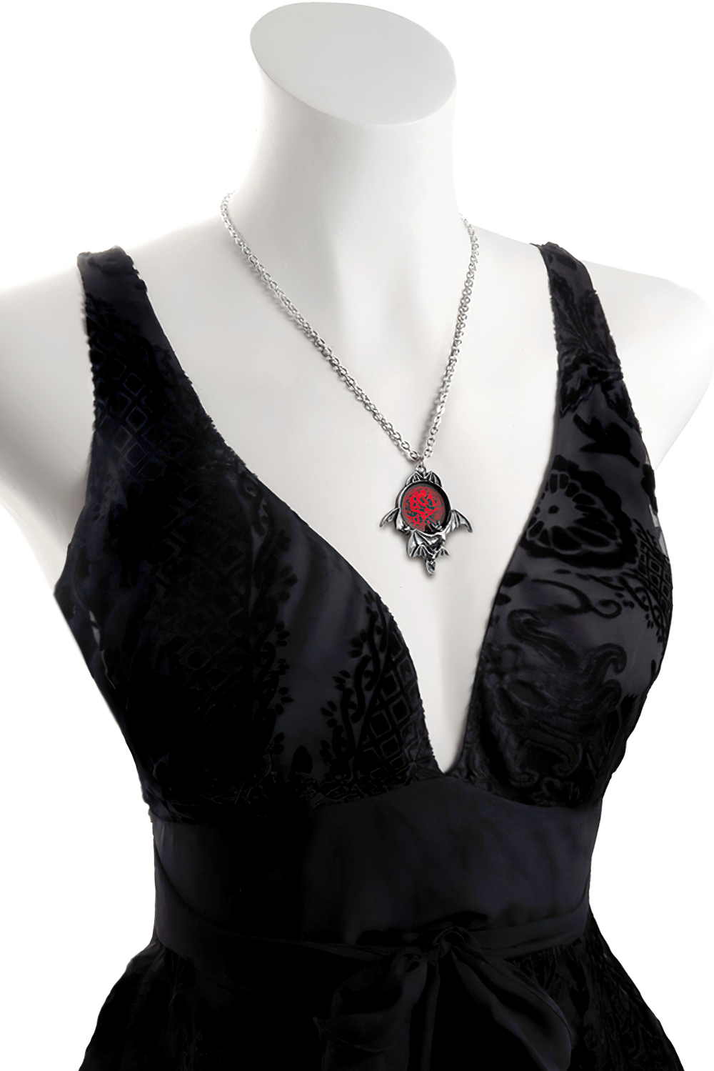 Gothic Blood Moon pendant with translucent red enamel bats on elegant black dress display.