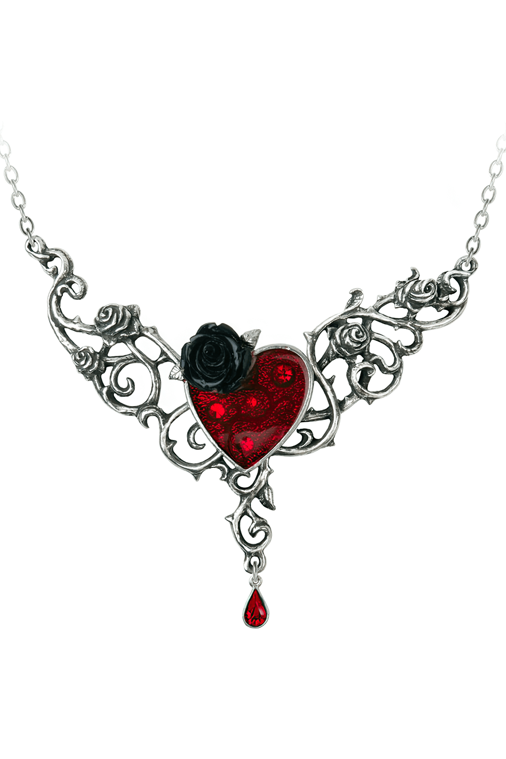 Gothic Blood Rose Heart Necklace with red enamel and black rose detail, perfect for romantic and alternative styles.