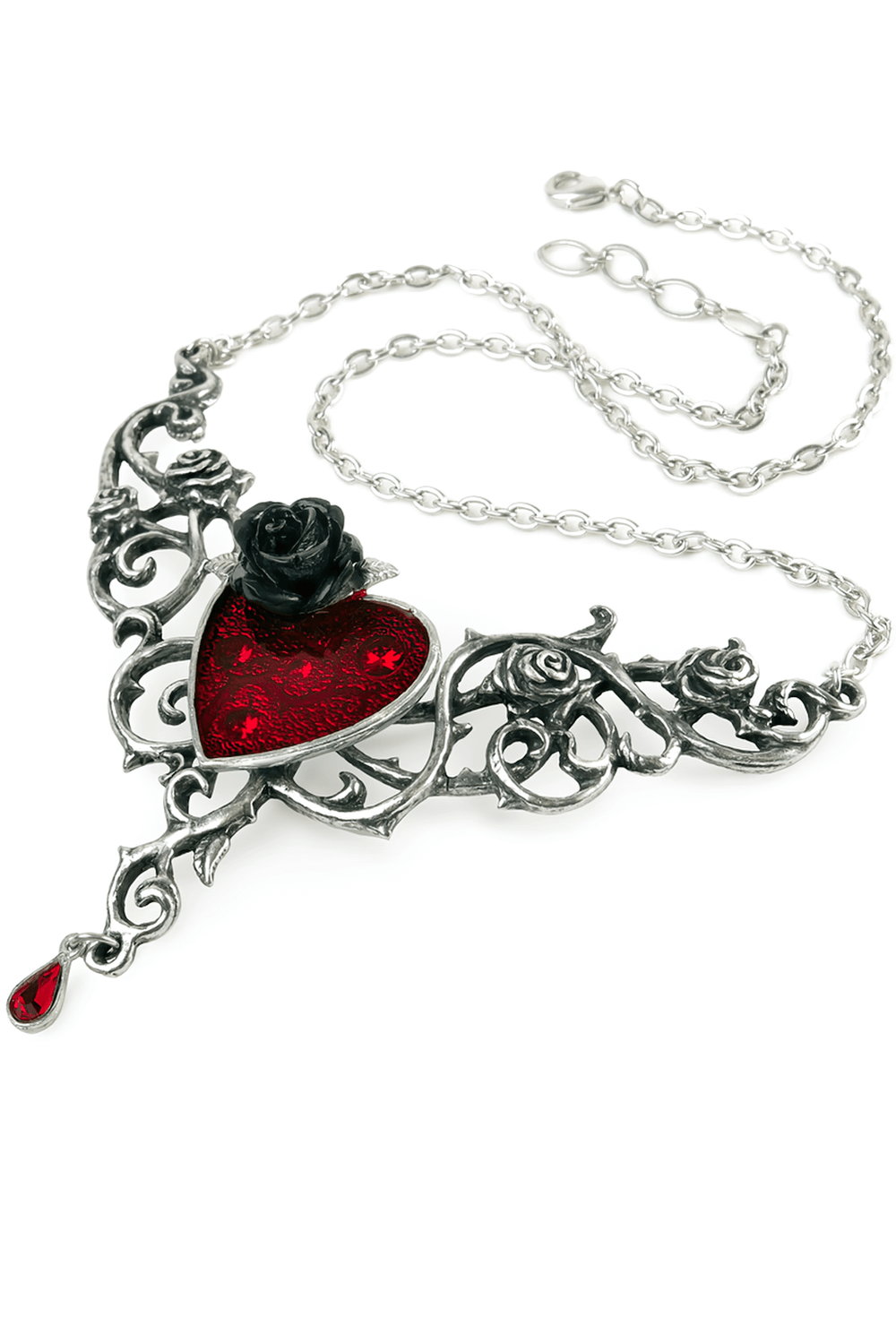 Gothic Blood Rose Heart Necklace featuring red enamel heart, black rose, and intricate silver filigree design.
