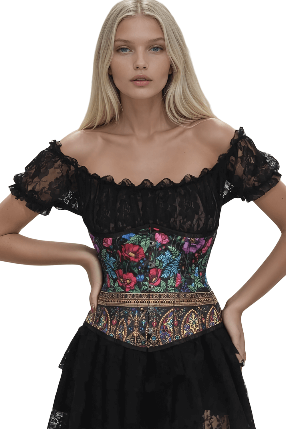Model wearing Gothic Bloom Radiance Underbust Corset with floral print and lace sleeves, showcasing elegant alternative fashion.