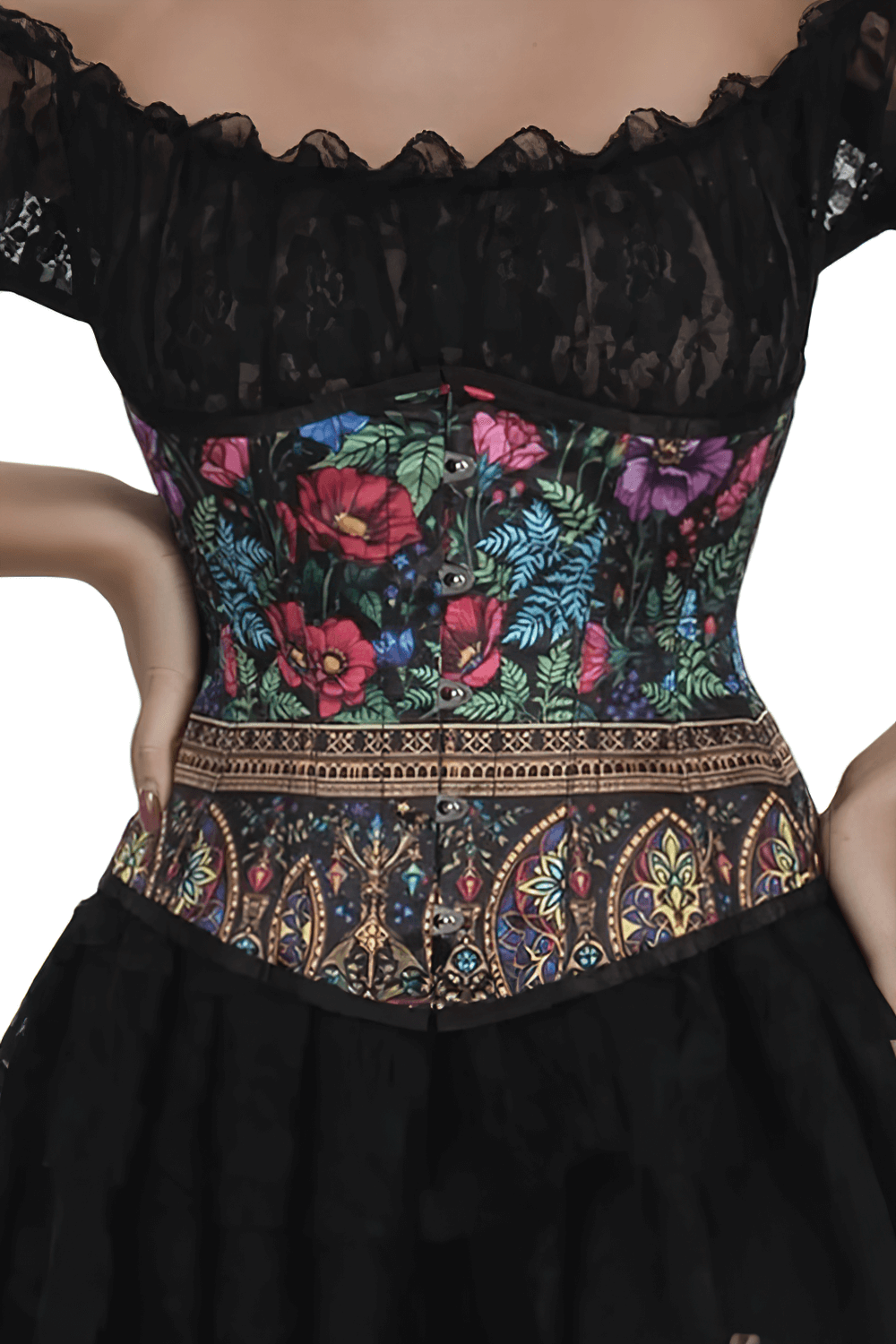 Florals meet goth in this stunning Gothic Bloom Radiance Underbust Corset, showcasing vibrant colors and intricate design.
