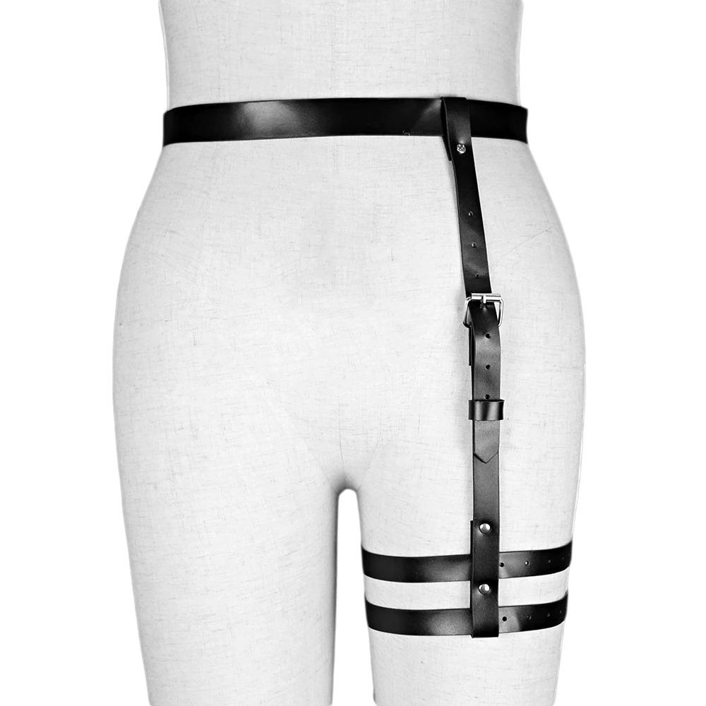 Gothic body harness for women, black PU leather garter belt showcasing stylish straps and metal accents.