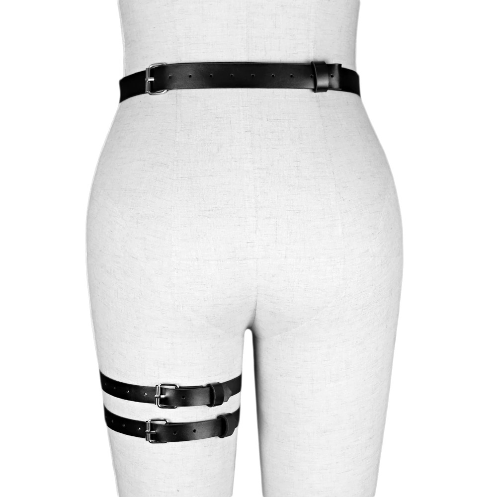 Gothic body harness for women showcasing black PU leather straps and metal buckles for a sexy bondage look.