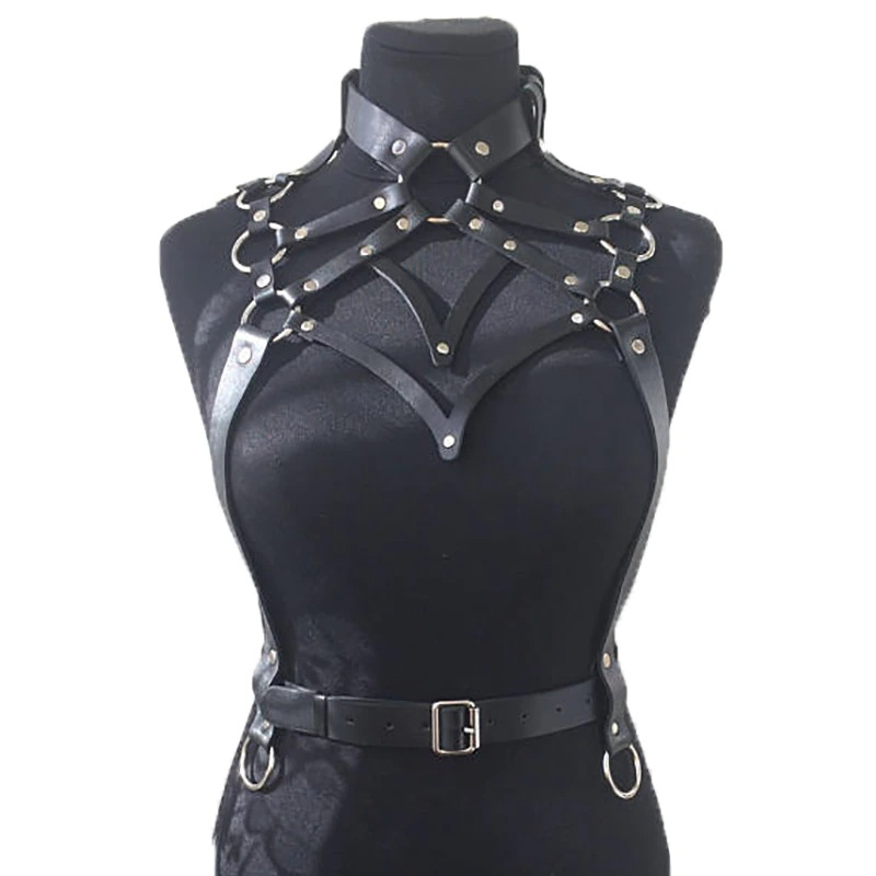 Gothic body harness for women in black leather, featuring an erotic garter belt design for bold and confident style.