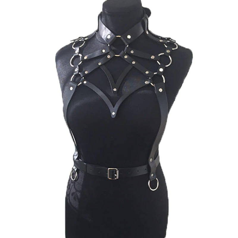 Gothic body harness for women in black synthetic leather, perfect for an erotic style and highlighting curves.