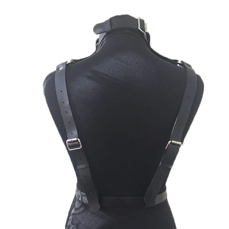 Black leather Gothic body harness for women, highlighting curves and adding a fierce style.