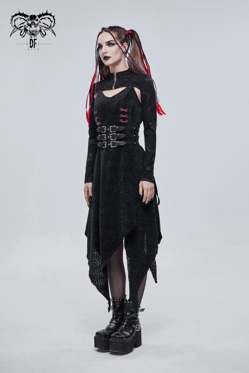 Gothic black dress with buckles, featuring layered design and stylish model, perfect for a unique gothic wardrobe.