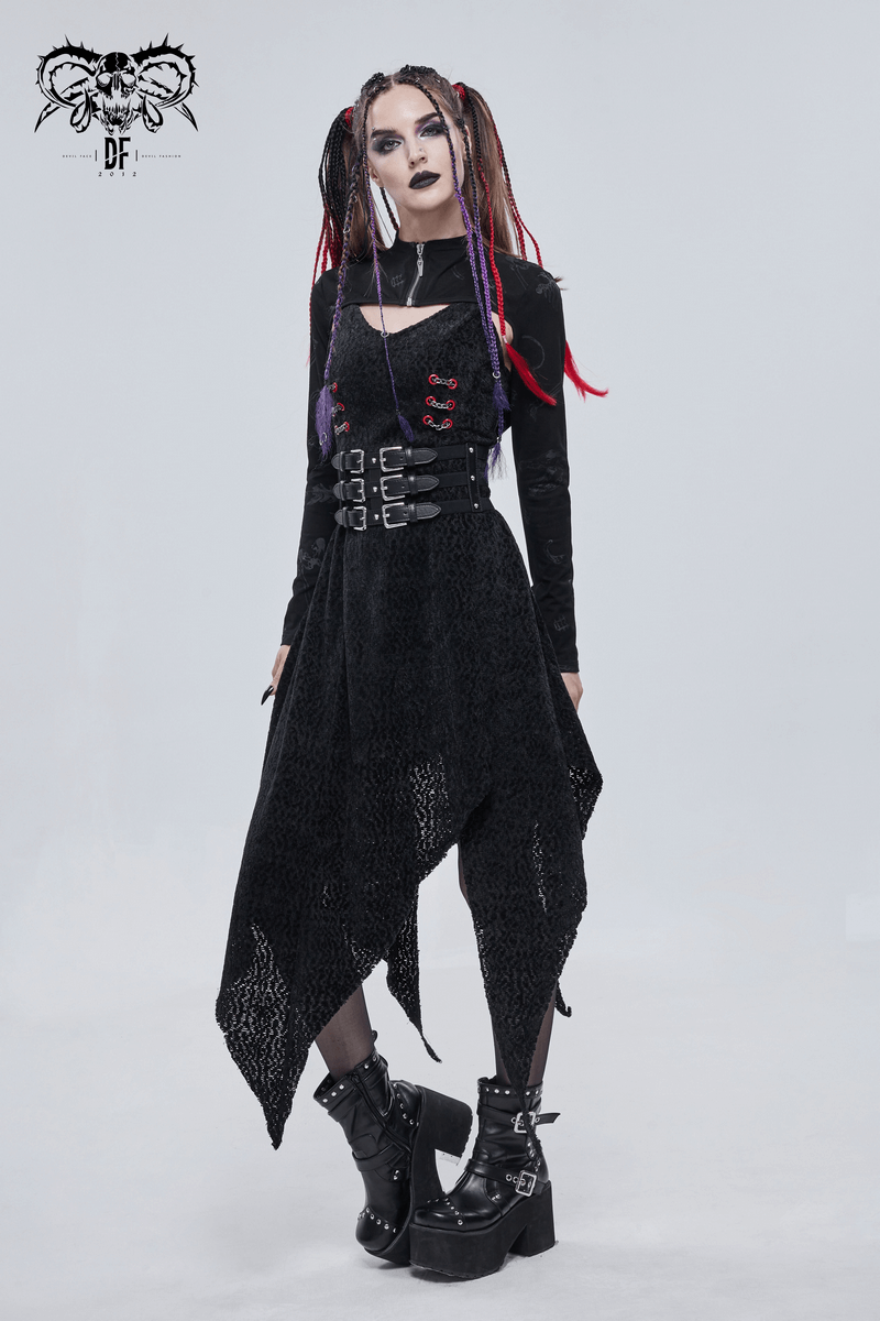 Stylish model in a black gothic cape, showcasing modern design with lace and belts, perfect for a bold gothic wardrobe.