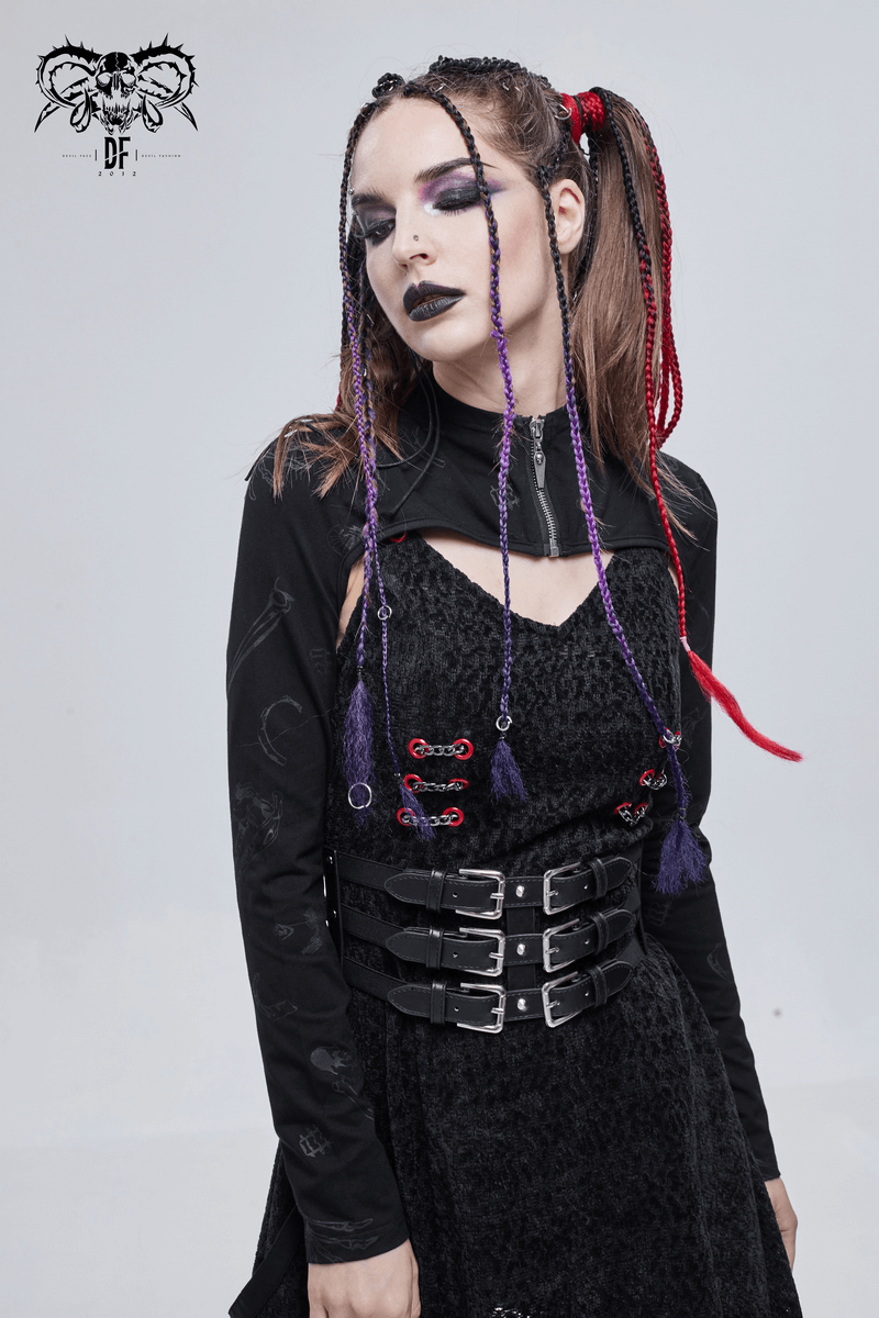 Gothic women wearing trendy black cape with lacing and stylish makeup, showcasing unique fashion features.