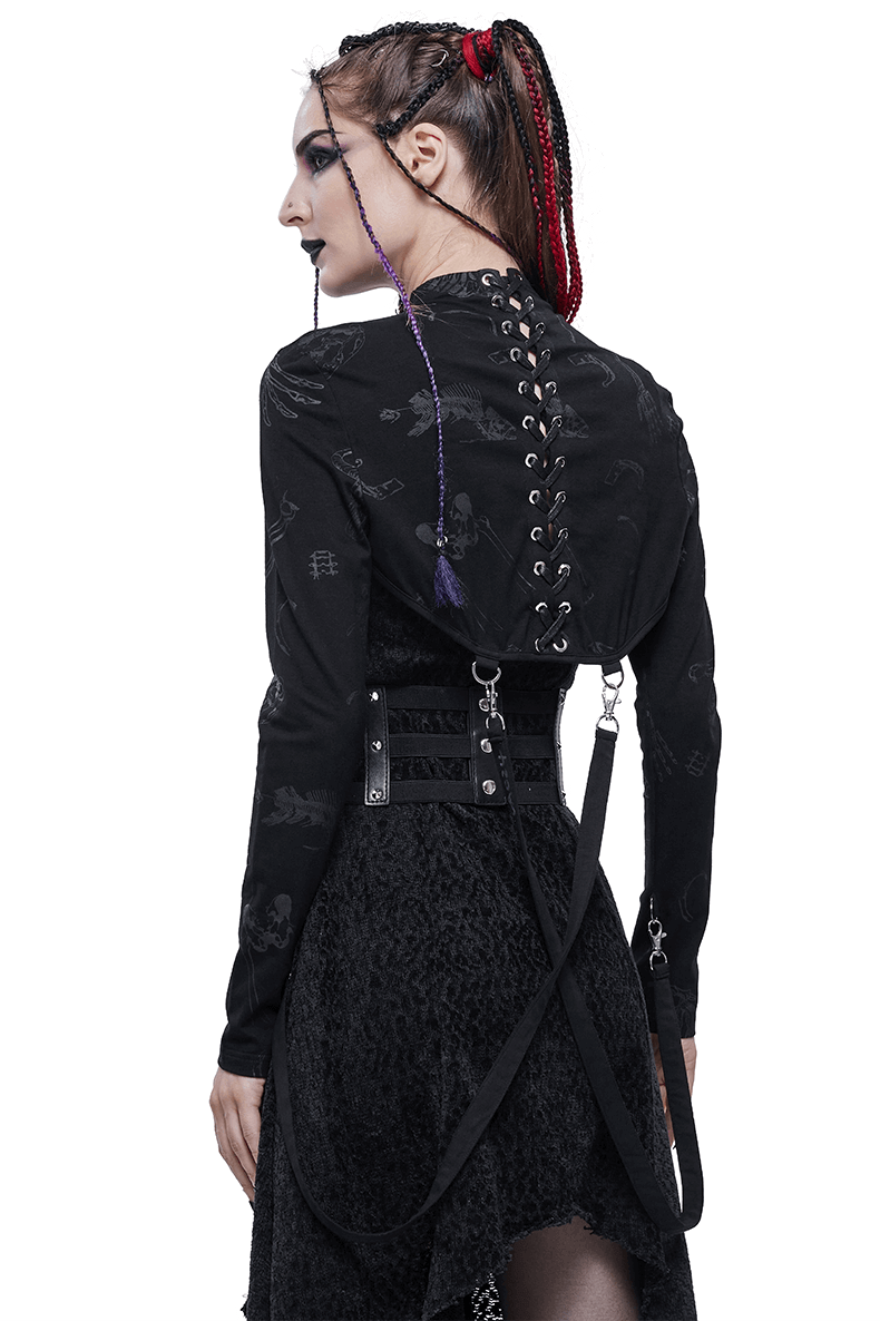 Gothic Bone Printed Zipper Cape / Women's Strappy Bolero with Lacing at the Back - HARD'N'HEAVY