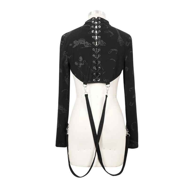 Gothic bone printed black zipper cape with lacing at the back, stylish women's bolero design.