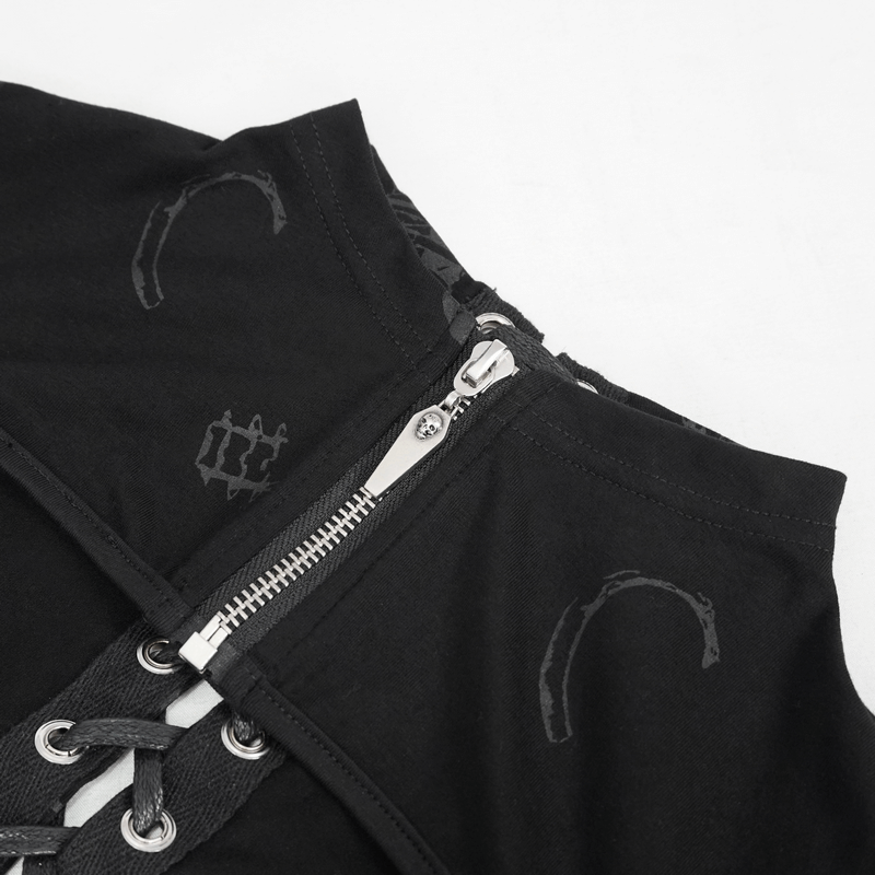 Close-up of a gothic black zipper cape featuring stylish lacing details and a modern cut.