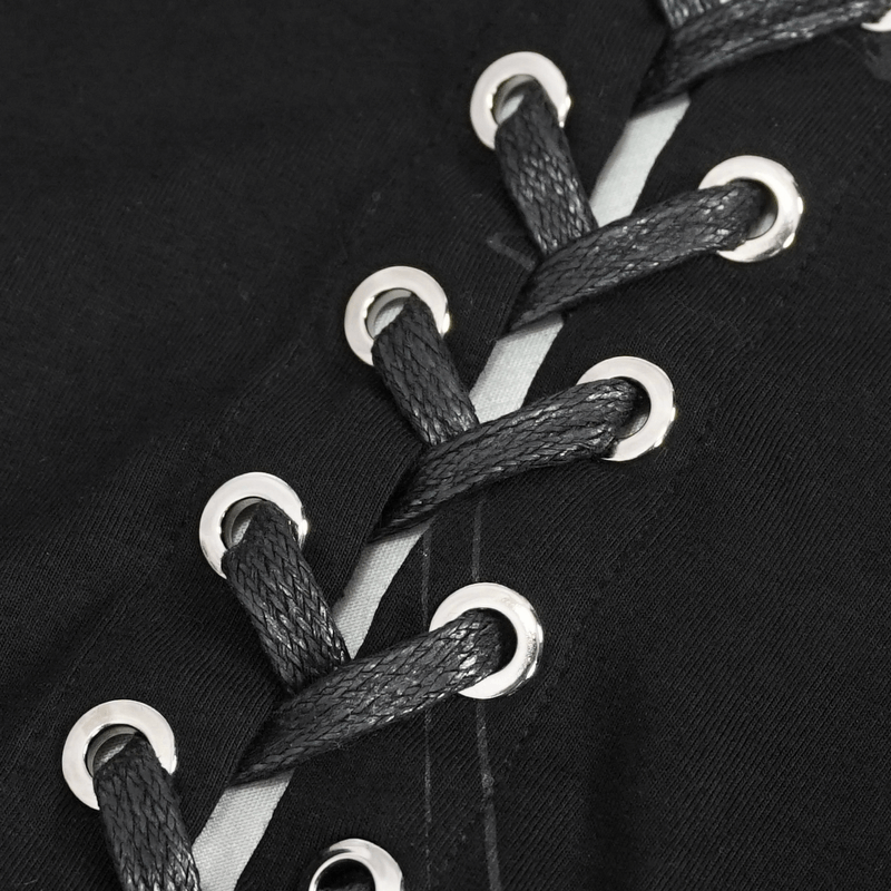 Close-up of lacing detail on a black gothic cape, featuring eyelets and woven black cords for a stylish look.