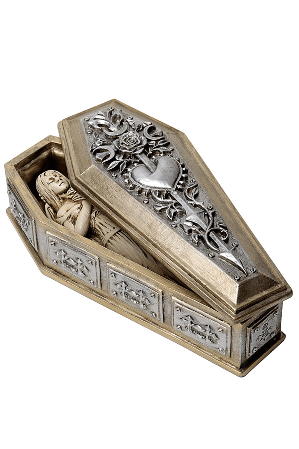 Gothic coffin casket with bride figure, intricately designed with rose and heart detailing, in eerie elegance.