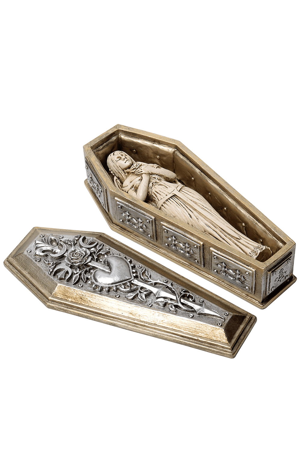 Gothic Bride of the Dark Kiss in a beautifully designed coffin casket with intricate details and a serene look.
