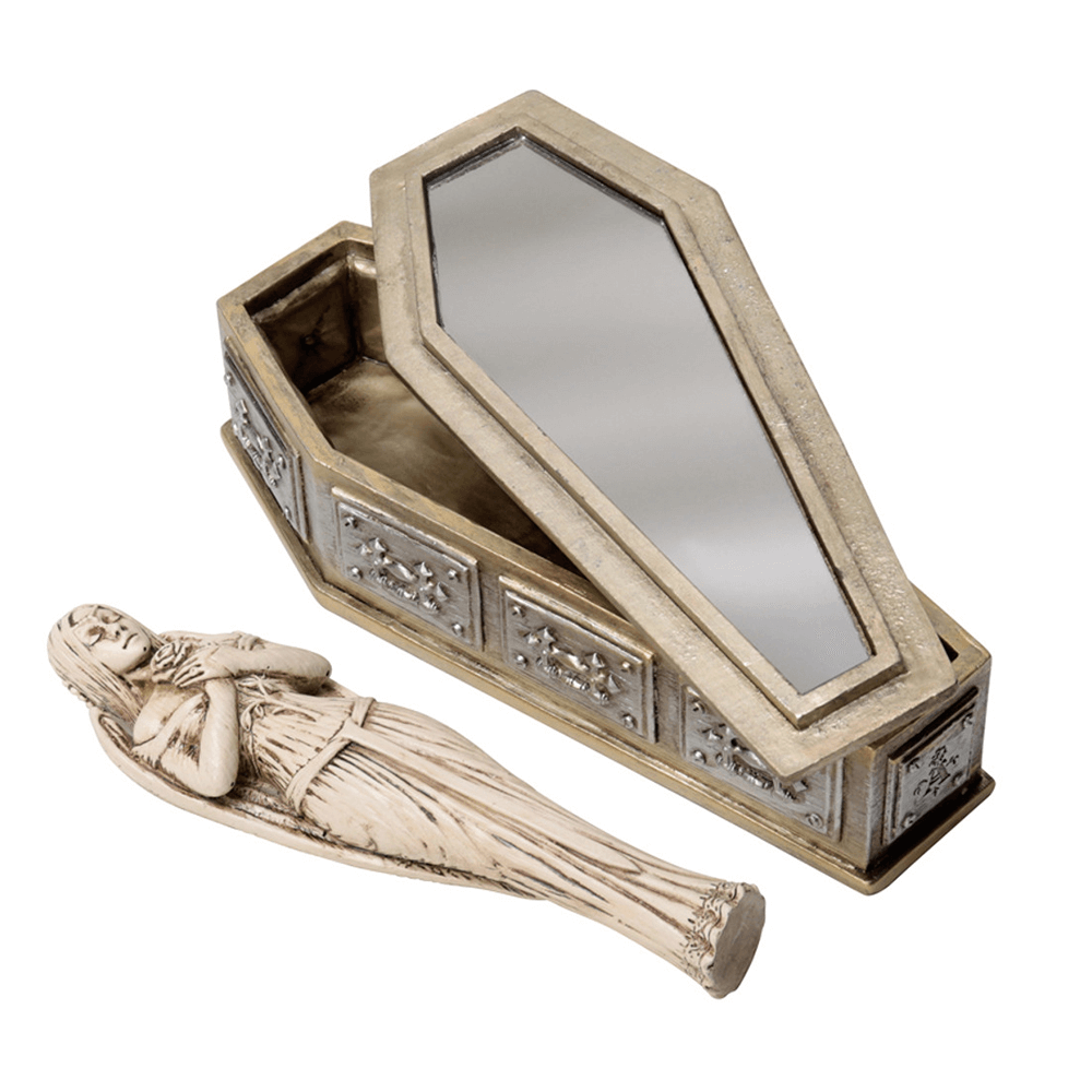 Gothic coffin casket with mirror and resin bride figure, perfect for dark romantic decor.