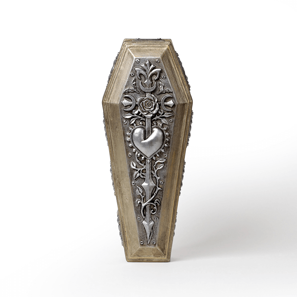Gothic coffin casket with intricate rose and heart design, embodying dark romantic elegance.