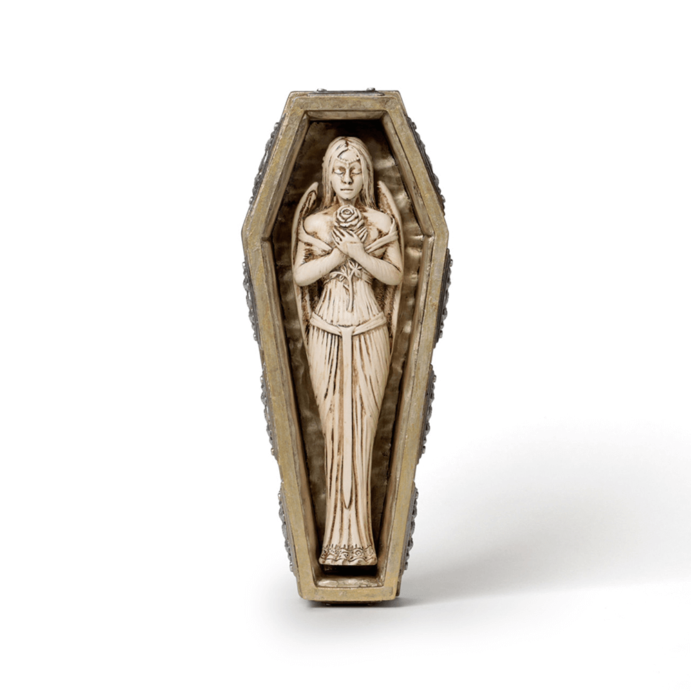 Intricately designed gothic coffin featuring the Bride of the Dark Kiss figure holding a rose.