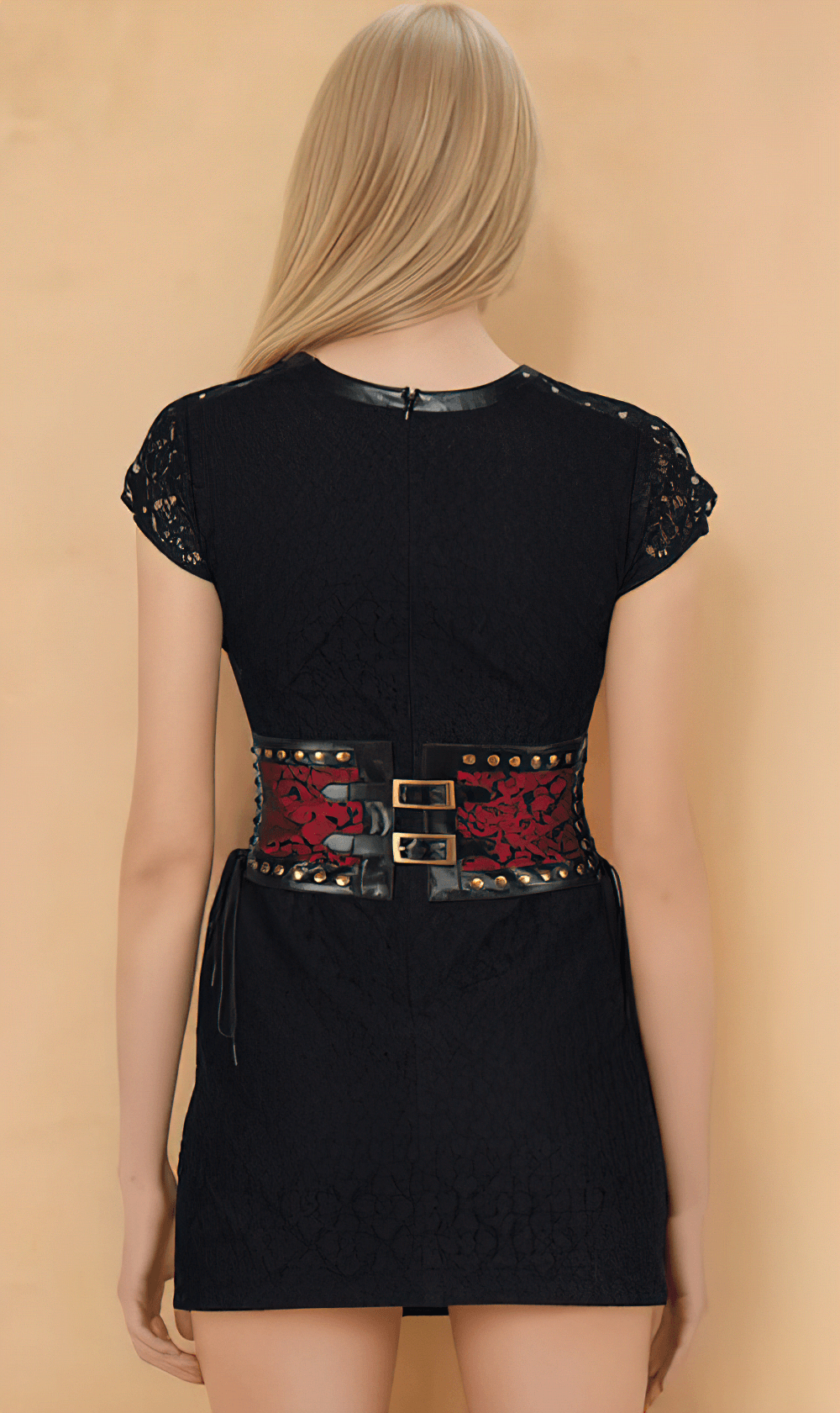 Back view of a gothic brocade corset belt with studs, elegant lace dress, and adjustable buckle for a perfect fit.