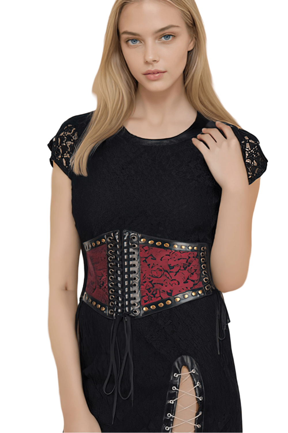 Gothic brocade corset belt with studs and lace-up front, worn over a black lace dress for an edgy look.