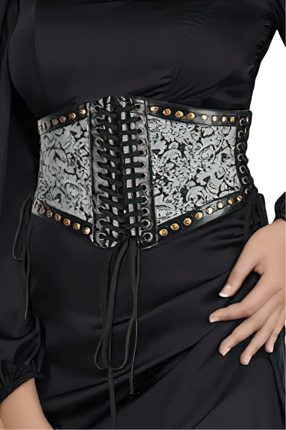 Gothic brocade corset belt with studs and lace-up front, adjustable waist cincher, and elegant detailing.