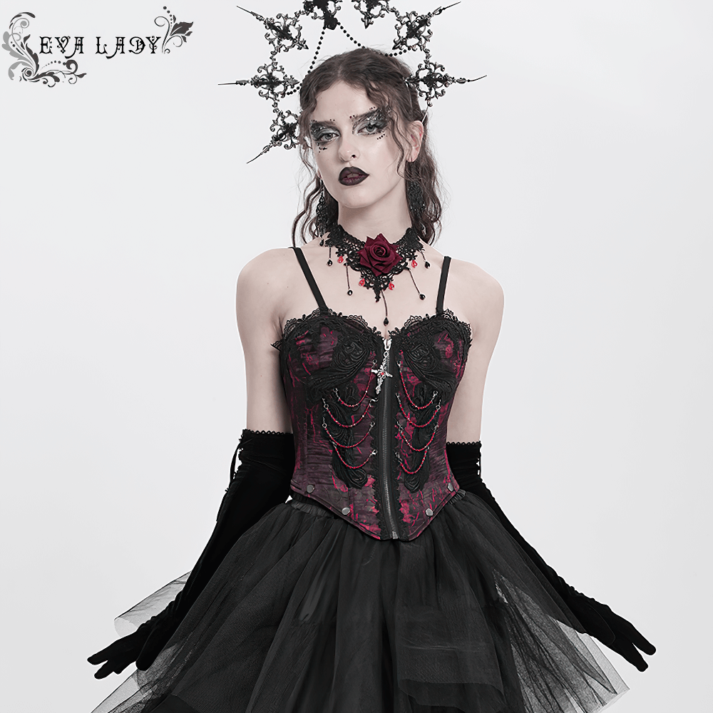 Gothic brocade corset in wine red with chains, lace trim, and garter straps, styled with dramatic accessories.