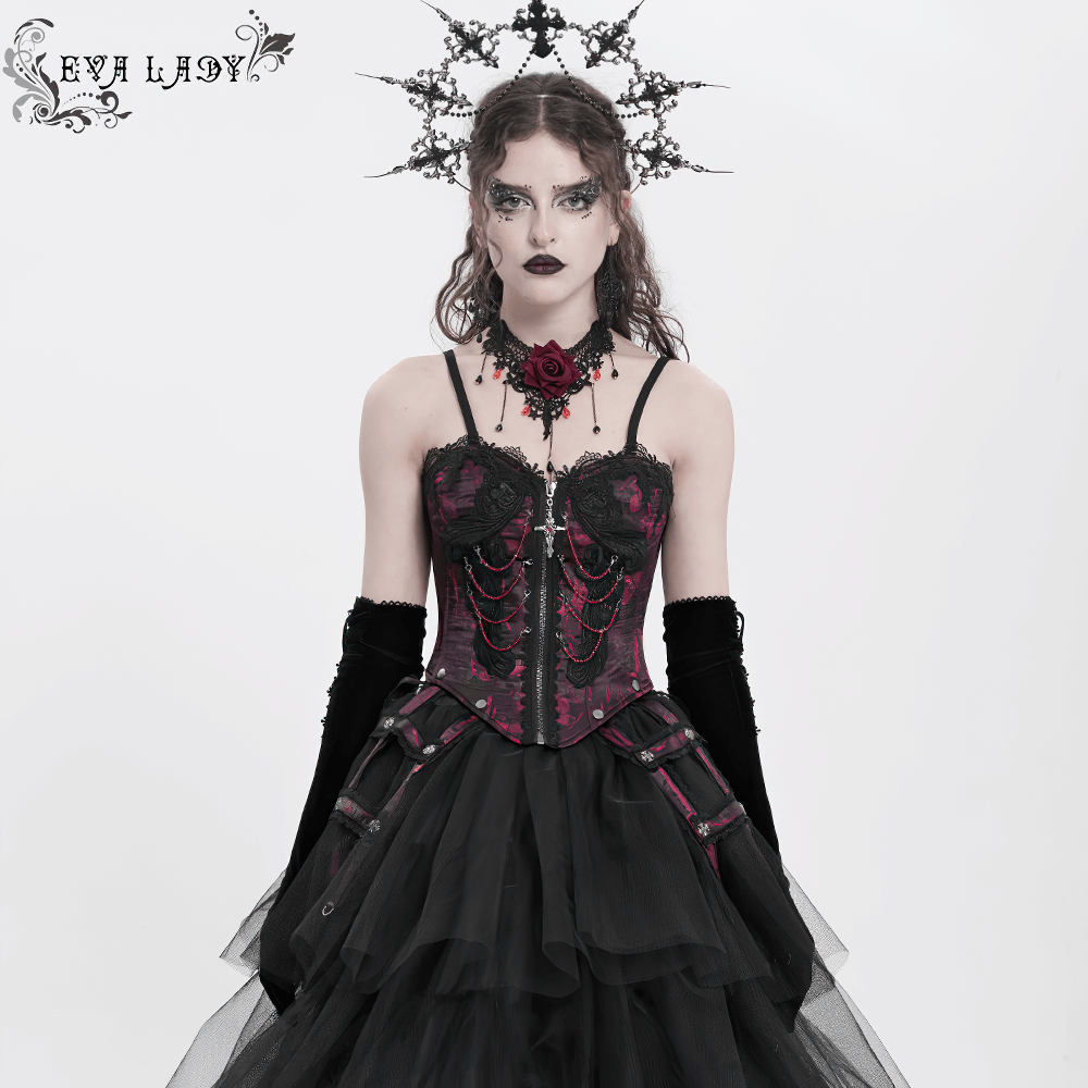 Gothic brocade corset in wine red with chains, lace detailing, and garter straps, styled with a dramatic gothic crown.
