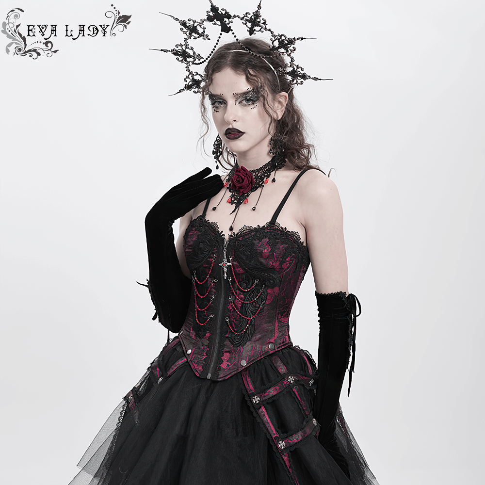 Elegant goth model in a brocade corset with chains, styled with lace gloves and a dramatic crown.