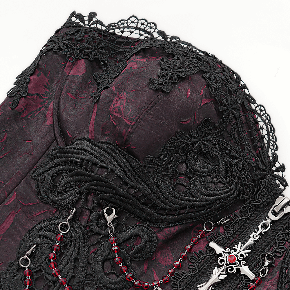 Gothic brocade corset featuring intricate lace, wine red chains, and a striking cross pendant, perfect for a bold gothic look.