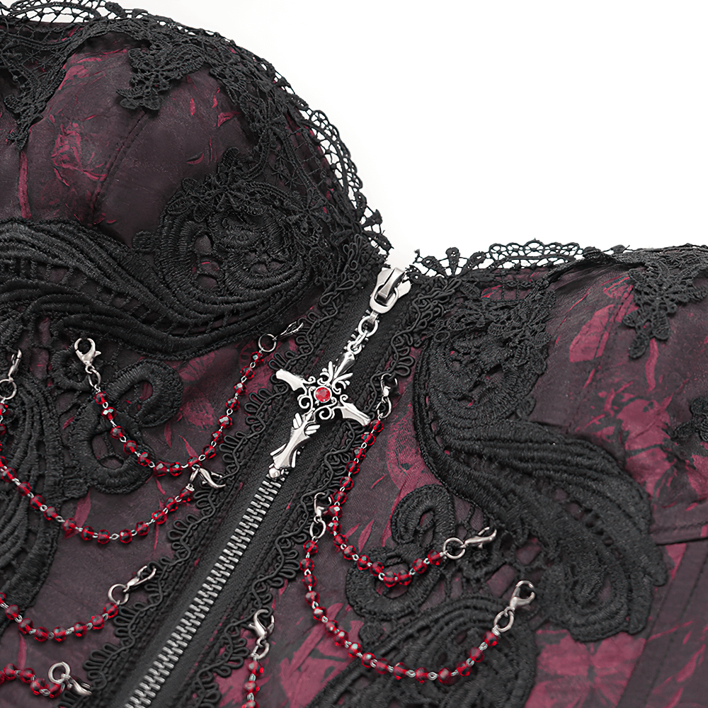Gothic brocade corset featuring wine red chains, intricate lace details, and dramatic cross pendant.