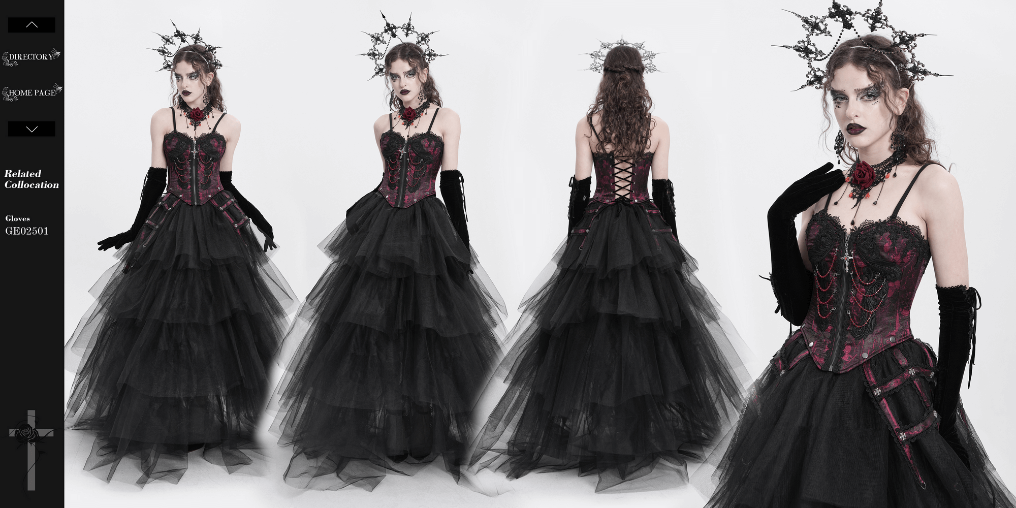 Stunning gothic brocade corset with layered tulle skirt, lace accents, and dramatic accessories for a bold look.
