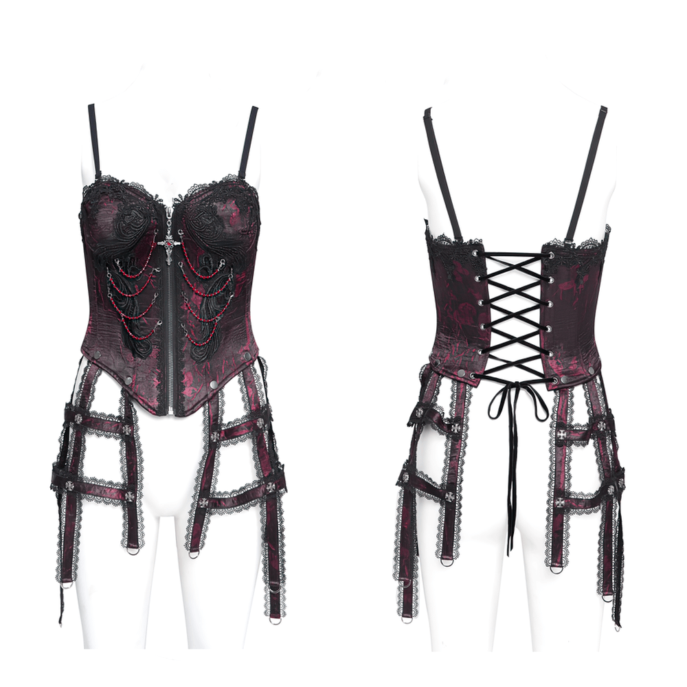 Gothic brocade corset in wine red with chains and garter straps, featuring a lace-up back for a dramatic silhouette.