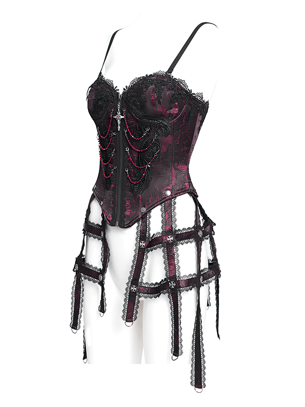 Gothic brocade corset in wine red with chains, lace trims, and adjustable garter straps for a dramatic look.