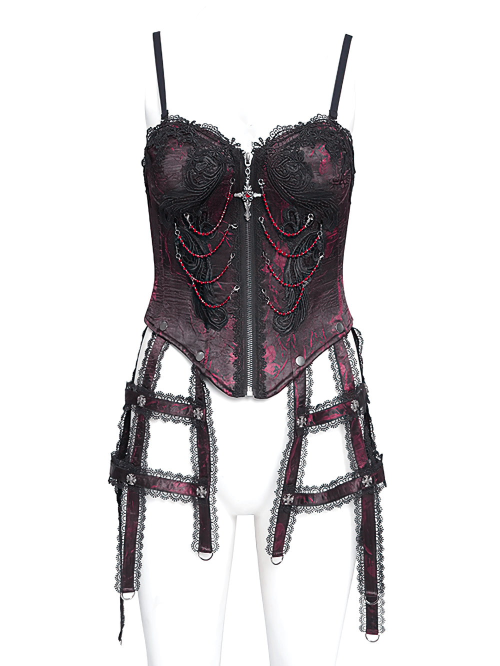 Gothic brocade corset with wine red chains and garter straps, featuring intricate lace and a dramatic cross pendant.