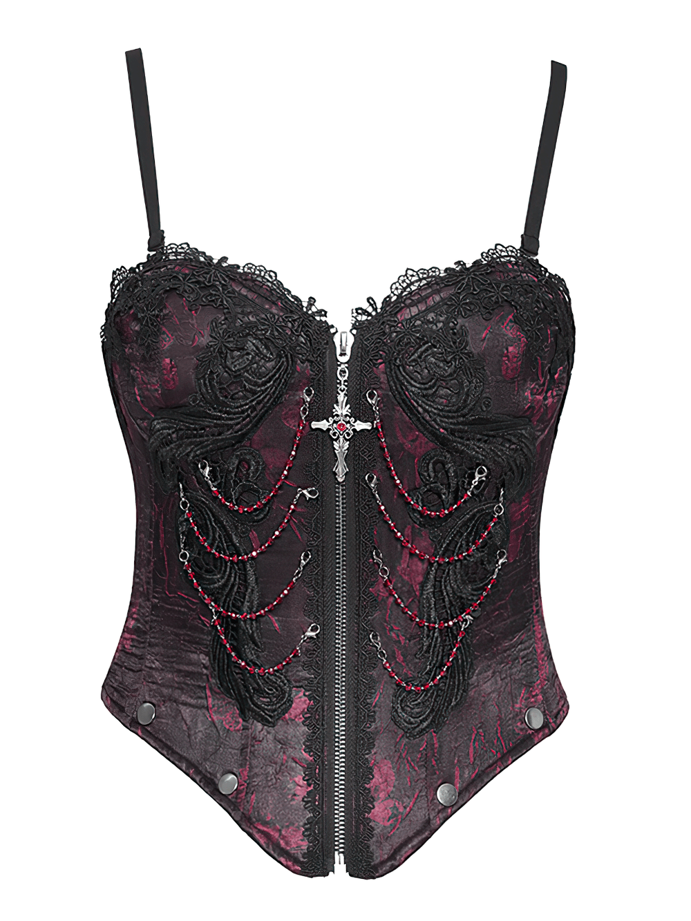 Gothic brocade corset in wine red with chains, lace trim, and adjustable garter straps for a dramatic look.