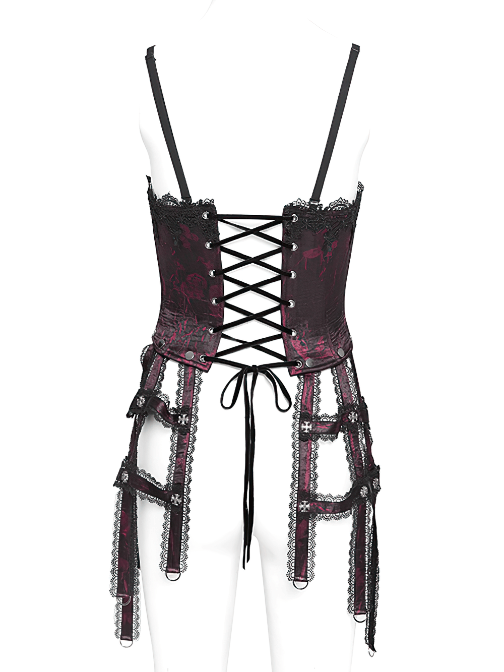 Gothic brocade corset with chains and garter straps, featuring a dramatic lace-up back design in wine red.