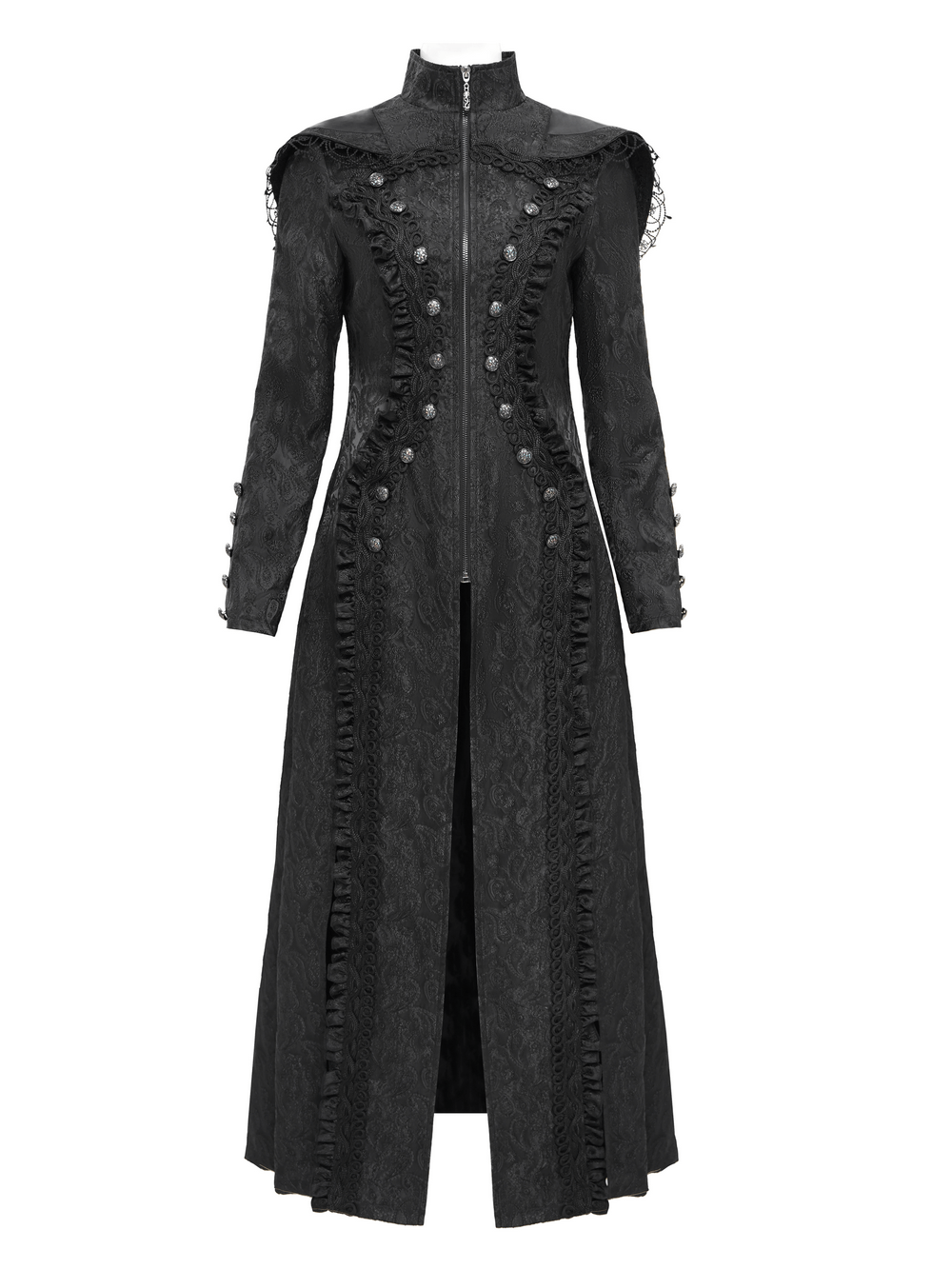 Gothic brocade hooded long coat with lace trim, featuring intricate embroidery and ornate buttons.