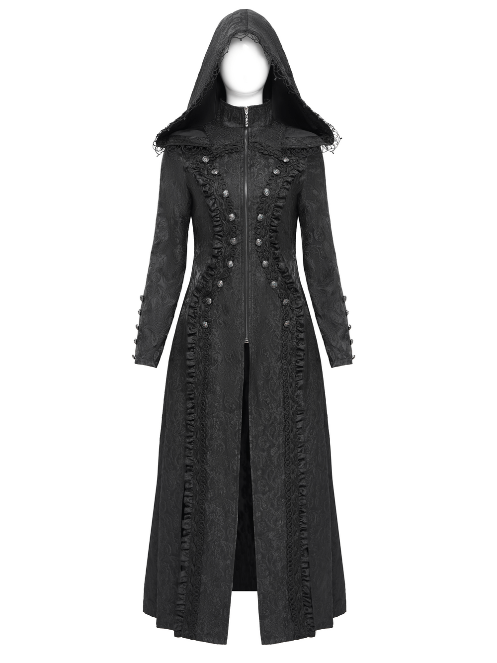 Gothic brocade hooded long coat with lace trim and ornate buttons, perfect for a Victorian witch aesthetic.